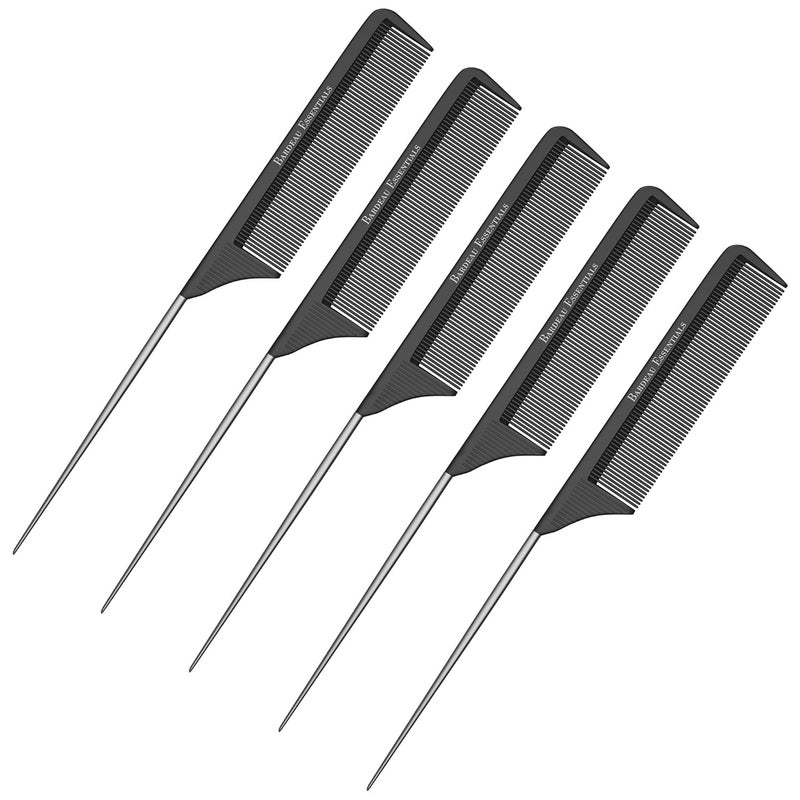 Bardeau Essentials Professional 8.8 Inch Tail Comb (5 Pack) - Black Carbon Fiber and Stainless Steel Pintail - Anti Static and Heat Resistant Teasing Comb - Lightweight for All Hair Types - Image 1